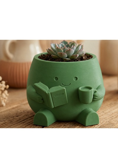 3d Baskı Kitap Okuyan Saksı - Kupa Tutan Sevimli Saksı-yeşil