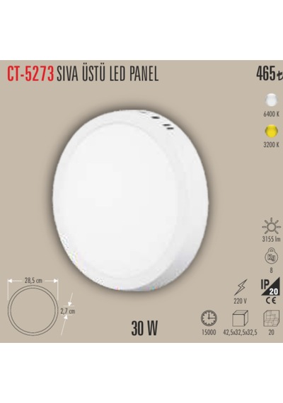 Ct-5273 Sıva Üstü Led Panel 1adet - 30 W Gün Işığı