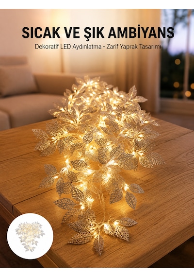 Gümüş Yaprak Tasarımlı Led Işık Pilli Ev Ve Vitrin Dekoru Çokrenkli