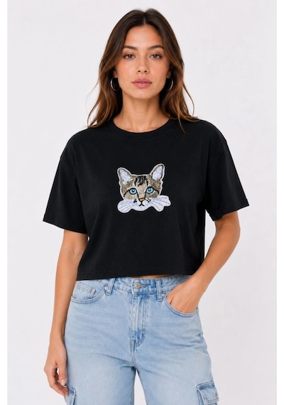 Wear Vexel Kadın Kedi Baskılı Oversize Crop Tişört Salaş Basic Yarım Kol T-shirt - Siyah Mavi Wear Vexel Kadın Kedi Baskılı Oversize Crop Tişört Salaş Basic Yarım Kol T-shirt - Siyah Mavi
