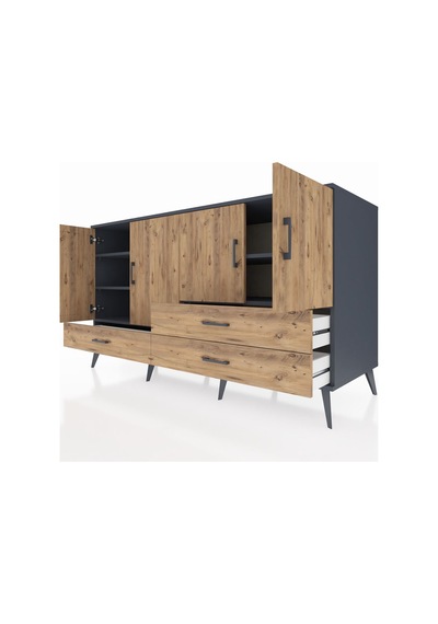 Kronos Konsol 5 Raflı 3 Çekmeceli 4 Kapaklı 176x59x99 Antrasit-ça Antrasit-çam