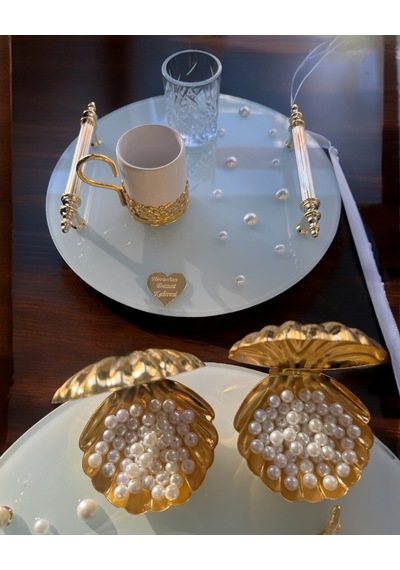 Beloved Gold Beyaz İncili Söz Tepsisi Nişan Tepsisi Ve Damat Kahve Fincan Tepsisi Gri Gri