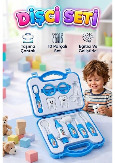 Dişçi Minikler - Mavi Çantalı 10 Parça Alet Ve Ekipmanlı 2 Tane Büyük Dişli Eğitici Oyuncak Seti 1