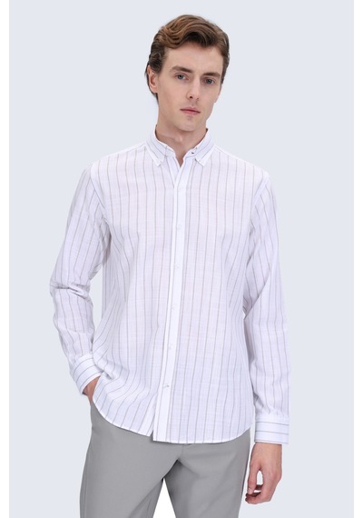 Hatemoğlu Vizon Comfort Fit Çizgili Düğmeli Yaka 100% Pamuk Uzun Kollu Casual Gömlek
