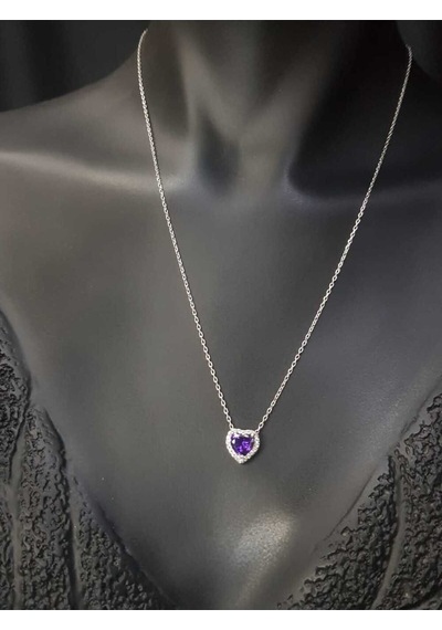 Vog Swarovski Taşlı S Model Ametis Kalp Taş Detay Gümüş Sevgiliye,arkadaşa Kolye