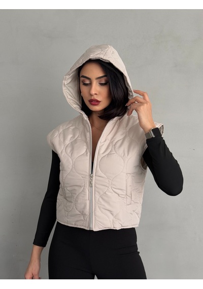 Loısy Kadın Cepli Kapitone Kapüşonlu Crop Yelek Krem