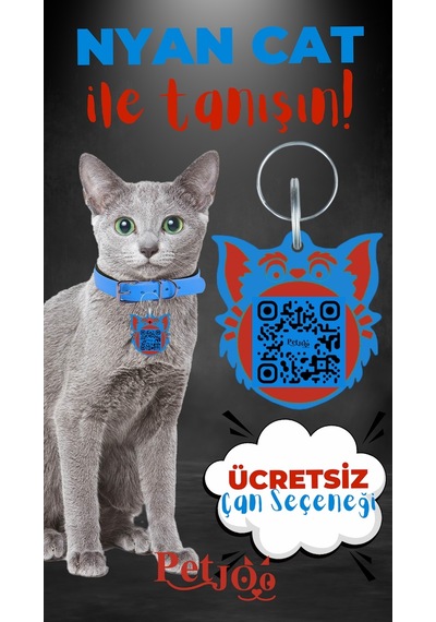 Petjoo 2.Nyan Cat Kırmızı-Mavi Qr'lı Kedi Künyesi