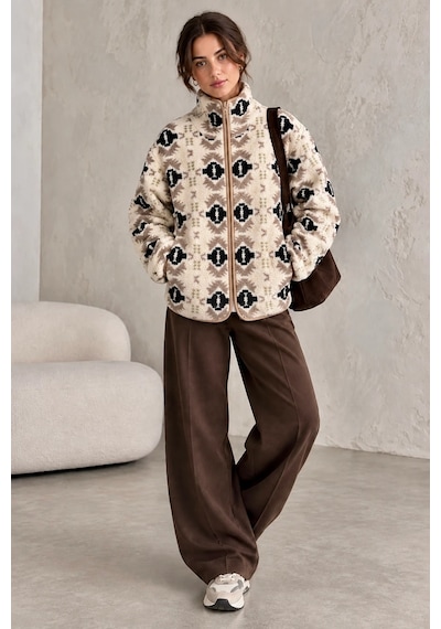 Bbbutikbasic Dik Yaka Yarım Fermuarlı Desenli Polar Sweatshirt My3535 Etnik