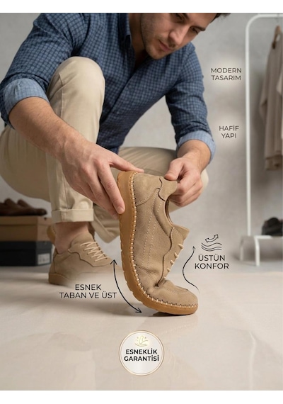 Komcero 3498 Erkek Hakiki Deri Dikişli Comfort Atom Casual Ayakkabı Bej