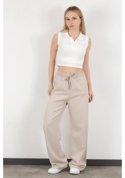 Giysa Kadın Beli Lastikli Bağcıklı Bol Paça Pantolon Taş - 4707 Taş