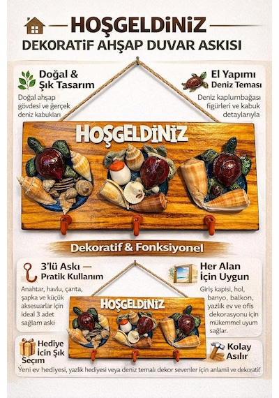 Deniz Kabuklu Ve Kaplumbağa Figürlü Ahşap Duvar Anahtarlığı, Hoşgeldiniz Yazılı Dekoratif Askılık, Giriş Holü Kapı Süsü Ev Dekoru. &