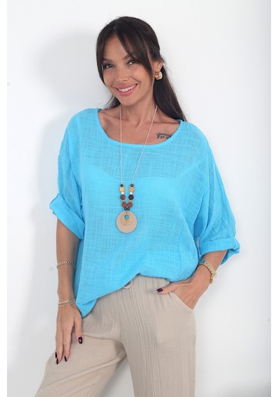 By Saygı Kadın İtalyan Coton Oversize Bluz Mavi By Saygı Kadın İtalyan Coton Oversize Bluz Mavi