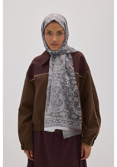 Mirsoy Scarf Eftelya Pamuk Etnik Desen Şal Açık Vizon