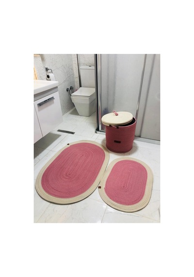 Jüt,hasır, 3 Lü Banyo Paspas Takımı, Bohem Tarzı Banyo Takımı,iskandinav Paspas/sepet Pembe Pembe