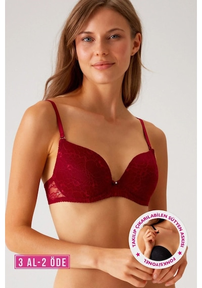 Pierre Cardin Kadın Bordo 6220 Paris Balenli Desteksiz Dolgusuz Dantelli Sütyen C Cup Seçeneğiyle Bordo