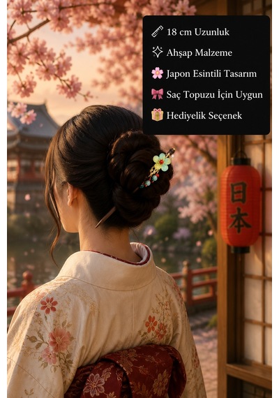 Japon Esintili Ahşap Saç Çubuğu El Yapımı Çiçek Detaylı Topuz Tokası Çok Renkli