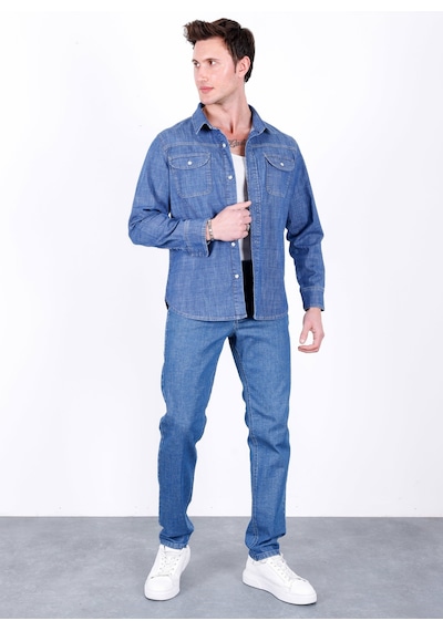 Erkek Açık Mavi Likralı Denim Regular Kalıp Düğmeli Kot Gömlek John-3020 Açik Mavi