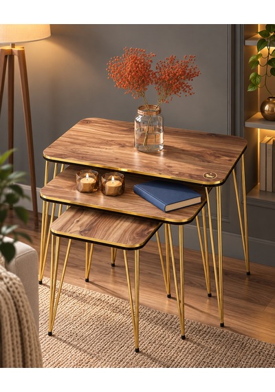 Odera Ceviz Detaylı Zigon Sehpa 3'lü Set Metal Ayaklı Modern Retro Salon Sehpası Diğer