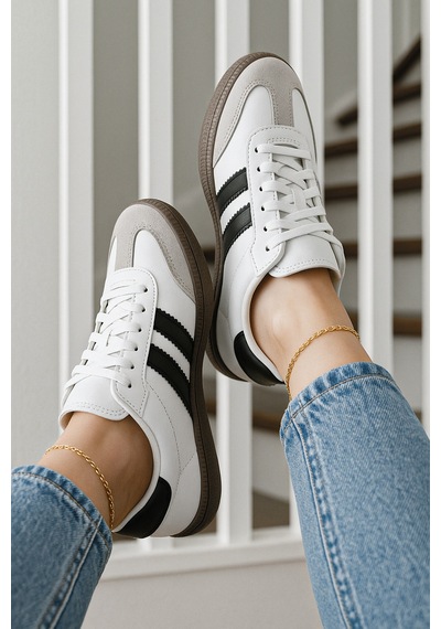 N Moda Unisex Siyah Beyaz Termo Taban Yanı Şeritli Bağcıklı Spor Ayakkabı Beyaz Siyah