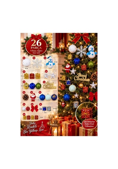 Yeni Yıla Özel 26 Parça Yılbaşı Ağacı Süs Seti Noel Dekoru Karışık Yılbaşı Aksesuarları Süsleme Seti Diğer