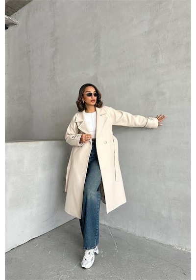 Dip Moda Kadın Astarlı Bej İthal Kaşe Kaban Dpnbg048 Bej