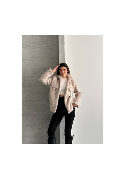 Asur Boutique Asur Butik Kadın Keçeli Kumaş Tokalı Fermuarlı Ceket Bej