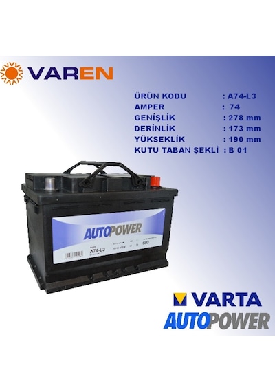Autopower 12V 74 Ah Amper Akü (Varta Üretimi) 680A