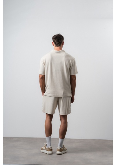 Erkek 2flyy Yazılı Yarım Fermuarlı Regular Fit T-shirt Şort Takım Bej