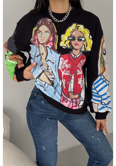 Femelle Kadın Siyah 3 İplik Şardonlu Baskılı Oversize Pamuk Sweatshirt