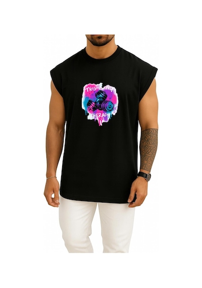 Bahriyeli Collection Oversize Bu Benim Terapim Dumbell Fitness Gym Göğüs Baskılı Atlet Siyah