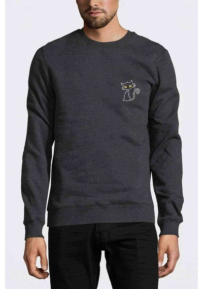 Kara Kedi Baskılı Füme Antrasit Erkek Örme Sweatshirt