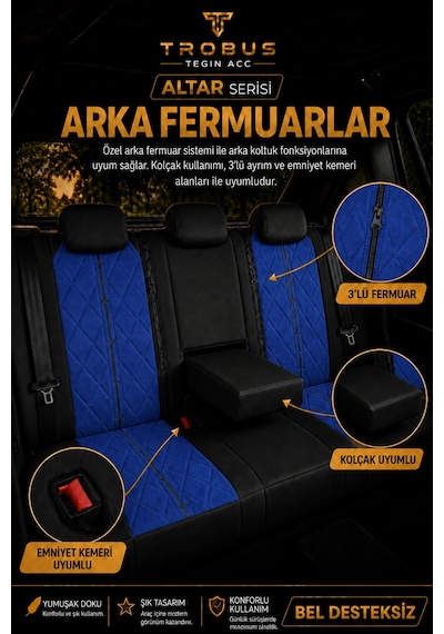 Fiat Egea Cross 2020 Sonrası Uyumlu Altar Serisi Tay Tüyü Mavi Siyah Premium Koltuk Kılıfı