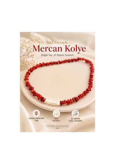 İnci Detaylı Mercan Tasarım Kolye Sevgiliye Hediye Kırmızı Kırmızı