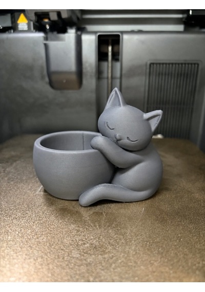3d Baskı Sarılan Kedi Saksı - Sevimli Dekoratif Saksı - Gri -