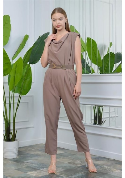 Neşeli Butik Vizon Kadın Vatkalı Kemer Detaylı Sıfır Kol Cepli Tulum Nb10051 Vizon