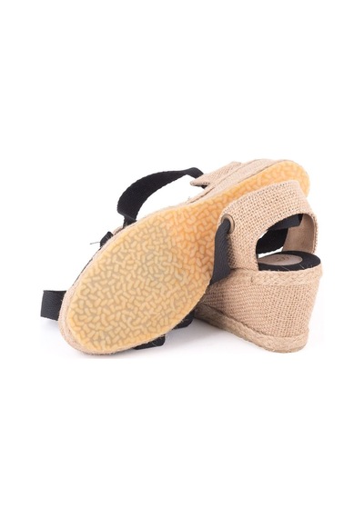 Star Tombis Gerçek Elişi Arkası Açık Geniş Ipli Burnu Hasırlı Dolgu Topuk Keten Kadın Espadril Handmade Siyah