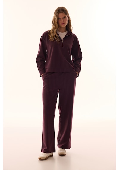 Penti Bordo Yarım Fermuarlı Çizgili Polo Yaka Sweatshirt