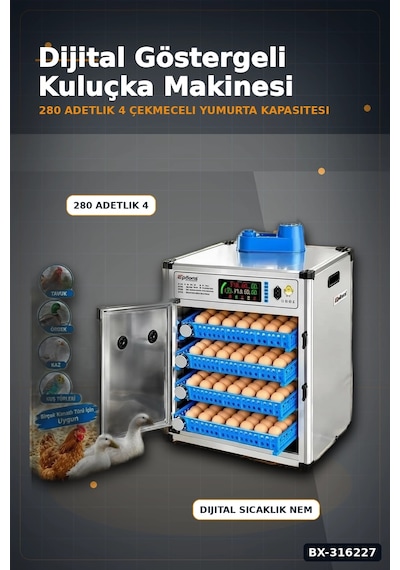 Kuluçka Makinesi 280 Yumurta Kapasiteli 4 Çekmeceli Otomatik Çevirmeli Çift Voltajlı Bx-316227