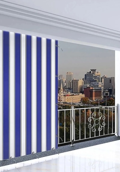 Gencer Home Balkon Perdesi Bağcıklı Ölçü Seçenekli Mavi Beyaz Mavi - Beyaz