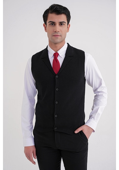 Slim Fit Ceket Yaka Düğmeli Siyah Yünlü Triko Yelek Try 012 Siyah