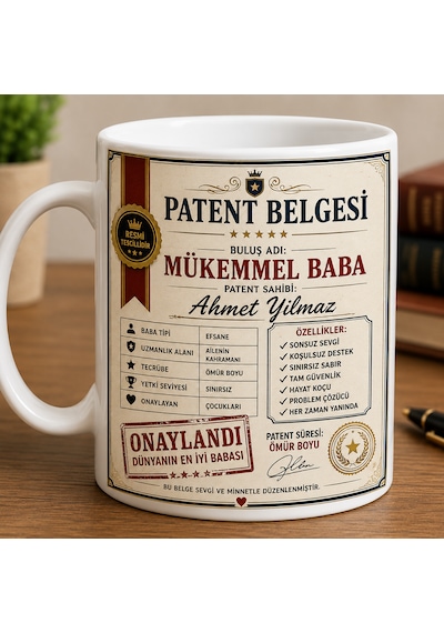 Kişiye Özel Patent Belgesi Baba Kupası İsme Özel Beyaz Seramik Kupa Bardak 330 Ml Kahve Ve Çay Kupası Açık Beyaz