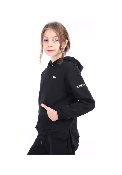 Kız Çocuk Oversize Kapüşonlu Cepli Nakış Baskılı Yırtmaçlı Sweatshirt - 3 İplik Şardonlu Siyah Kız Çocuk Oversize Kapüşonlu Cepli Nakış Baskılı Yırtmaçlı Sweatshirt - 3 İplik Şardonlu Siyah