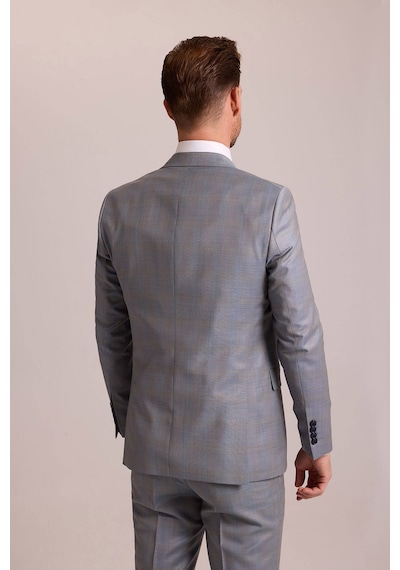 Erkek Gri Bej Slim Fit Sivri Yaka Yelekli Yün Takım Elbise Gri - Bej
