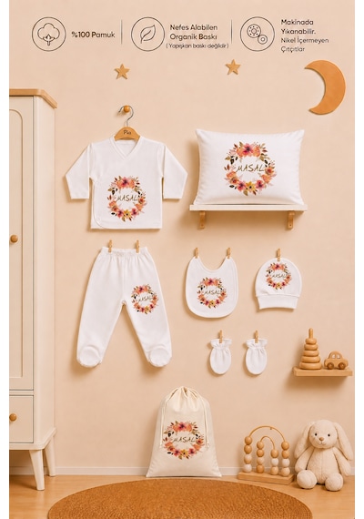 Pia Baby Kişiye Özel %100 Pamuk Kız Bebek Hastane Çıkışı Zıbın Seti 8 Parça Kese Hediyeli 2077zybk3x Krem
