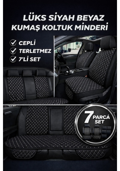 Tegin Üniversal Uyumlu Kumaş Koltuk Minderi Kapitone Desen Terletmez Yedili Set Siyah Beyaz