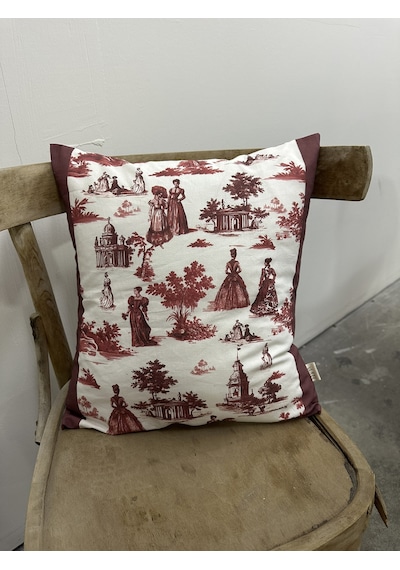Toile De Jouy Paris Kırlent Kılıfı 43x43 Cm %100 Pamuk Dijital Baskılı Klasik Fransız Tarzı Dekoratif Yastık Kılıfı - Zt740 Kırmızı