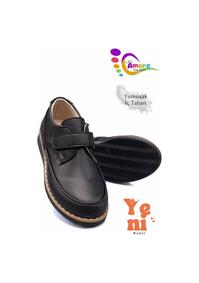 Sermoda Lil Amore Cırt Cırtlı Erkek Çocuk Ayakkabısı Okul & Sünnet Düğünü İçin Klasik Model Mat Siyah