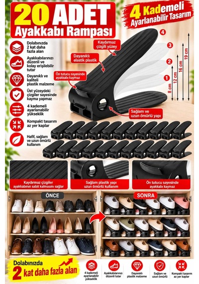 Shoemax 4 Kademeli Ayarlanabilir Ayakkabı Rampası Dolap İçi Yer Tasarruflu Ayakkabı Düzenleyici. 20 Adet Siyah Siyah