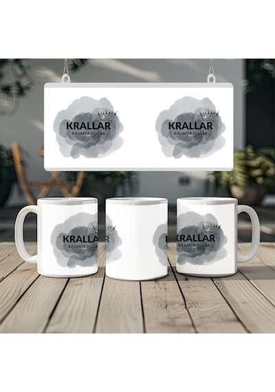 Krallar Kasımda Doğar Gri Sis Ve Taç Desenli Kupa Bardak - Erkeklere Özel Doğum Günü Hediyesi Beyaz