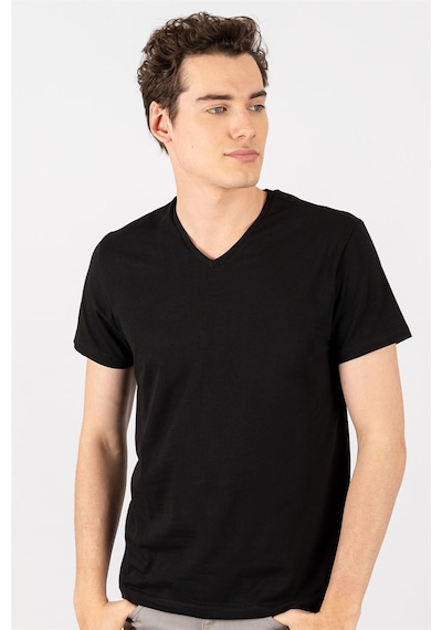 Tudors Slim Fit Dar Kesim V Yaka Düz Basıc Kısa Kol T-Shirt-16654 Siyah